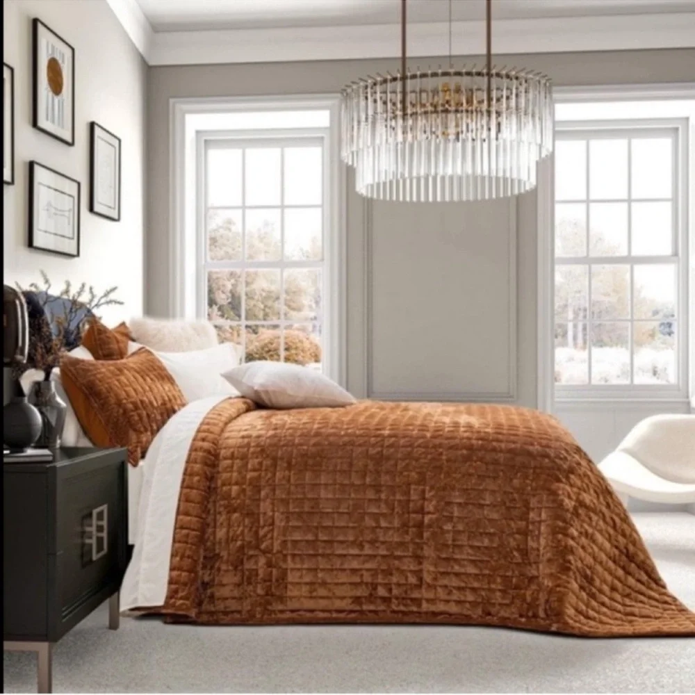 🆕 Amber Rust Velvet Queen Quilt Shams Set Luxury Hotel Style Down Alternative